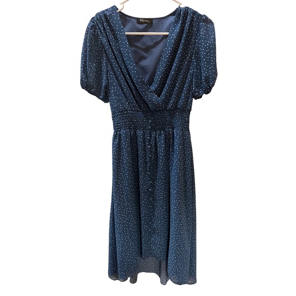 Fashion Dresses & Skirts - Fashion Blue White Dash Print Smocked Waist V-Neck Chiffon Midi Dress Small